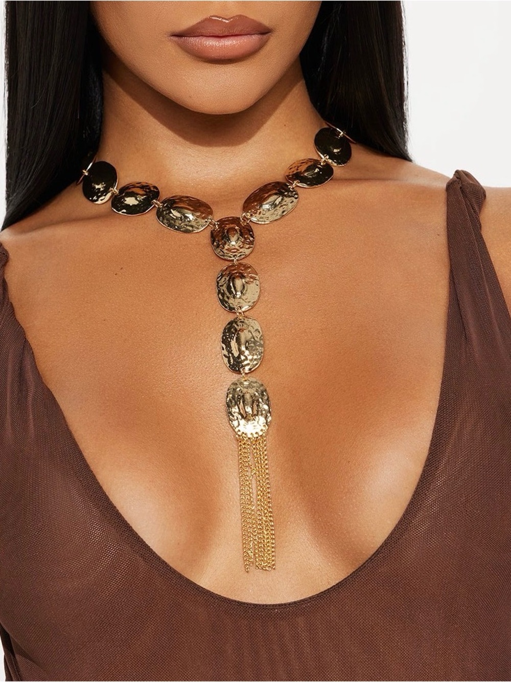 Fashion Nova Gold Hammered Y-Statement Necklace